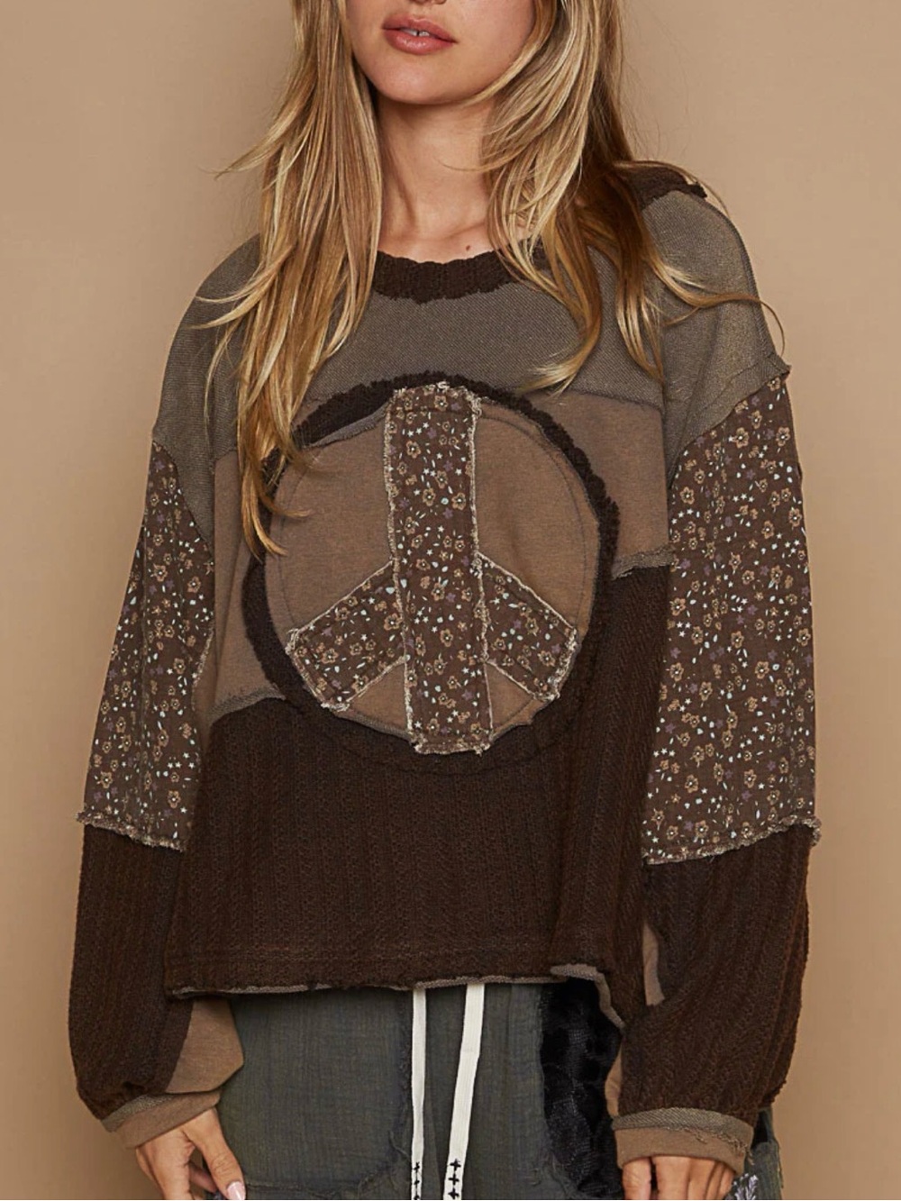 POL Brown Peace Sign Patchwork Pullover